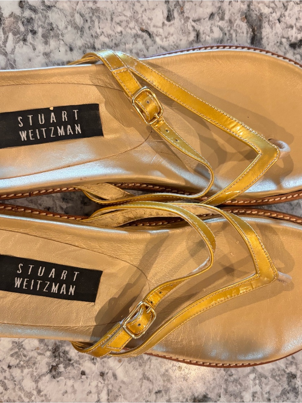 Stuart Weitzman Metallic Yellow Leather Thong Sandals